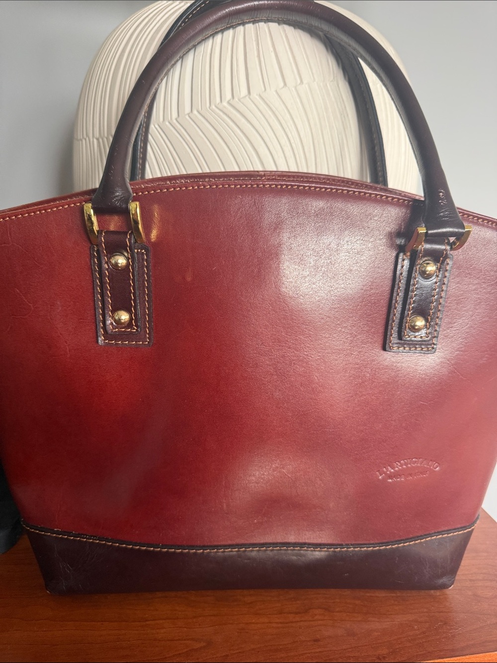 Made in Italy- L’Articiano Leather Tote Bag in Burgundy and Dark Brown -